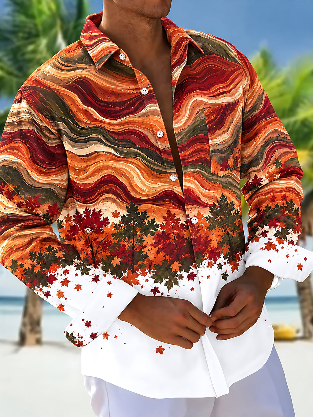 Oceanlyte Men's Autumn Maple Leaves And Wavy Lines Print Long Sleeve Shirt with Chest Pocket