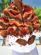 Oceanlyte Men's Autumn Maple Leaves And Wavy Lines Print Long Sleeve Shirt with Chest Pocket