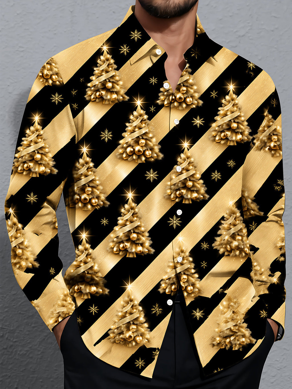 Oceanlyte Men's Long Sleeve Shirt - Gold Christmas Trees With Ornaments And Snowflakes Print with Chest Pocket