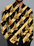 Oceanlyte Men's Long Sleeve Shirt - Gold Christmas Trees With Ornaments And Snowflakes Print with Chest Pocket