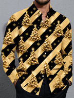 Oceanlyte Men's Long Sleeve Shirt - Gold Christmas Trees With Ornaments And Snowflakes Print with Chest Pocket