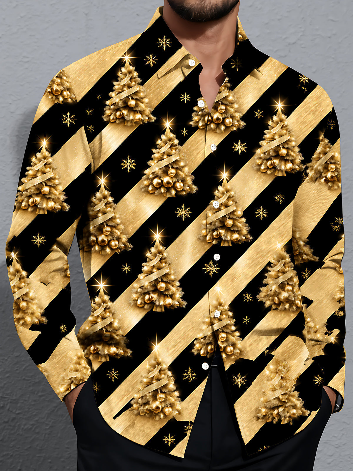 Oceanlyte Men's Long Sleeve Shirt - Gold Christmas Trees With Ornaments And Snowflakes Print with Chest Pocket