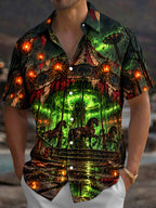 Oceanlyte Men's Short Sleeve Shirt - Dark Carousel Horses And Glowing Lanterns Print with Chest Pocket