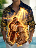 Oceanlyte Men's Printed Biblical Prodigal Son Embrace Print Long Sleeve Shirt with Chest Pocket