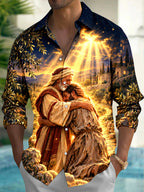 Oceanlyte Men's Printed Biblical Prodigal Son Embrace Print Long Sleeve Shirt with Chest Pocket