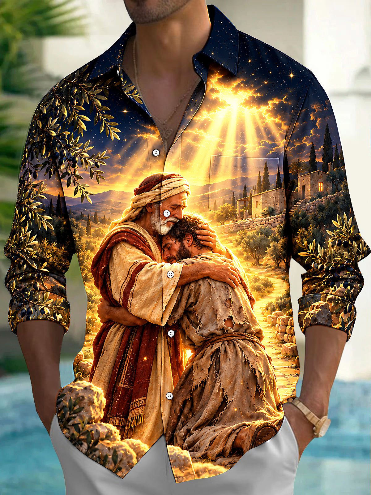 Oceanlyte Men's Printed Biblical Prodigal Son Embrace Print Long Sleeve Shirt with Chest Pocket