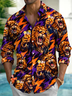 Oceanlyte Men's Hawaiian Lion With Sunglasses And Drink Print Long Sleeve Shirt with Chest Pocket