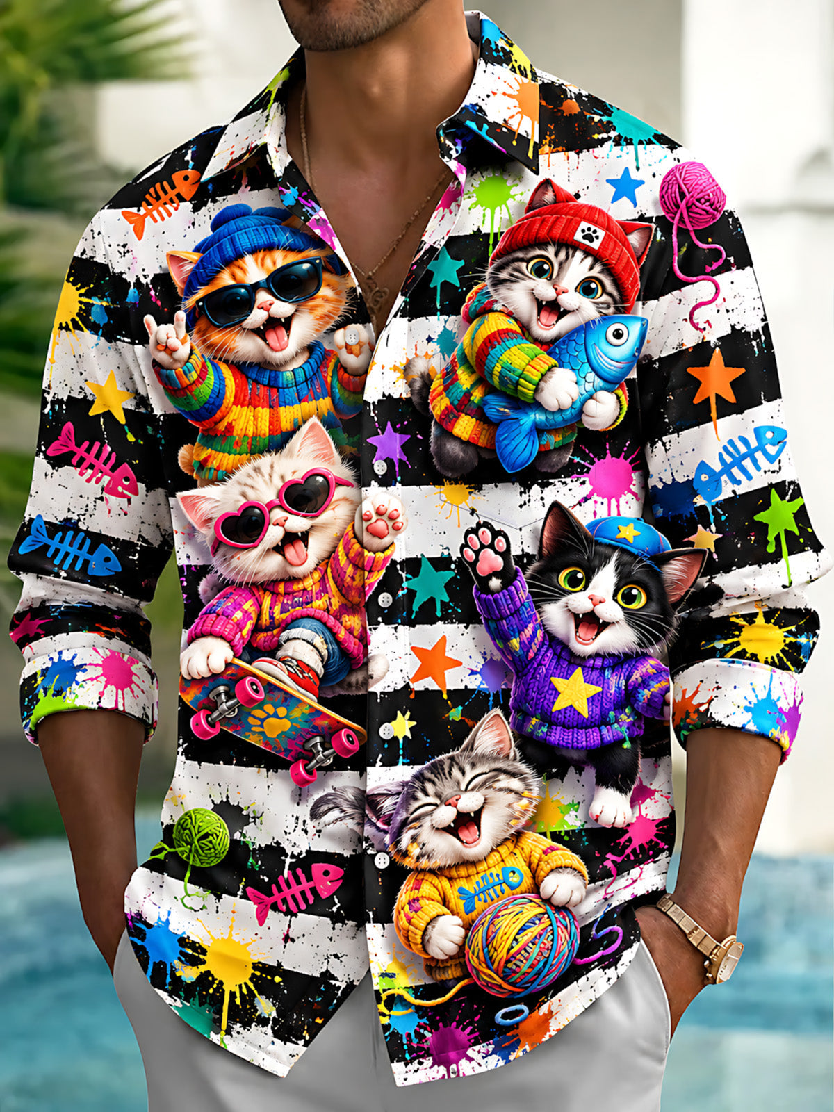 Oceanlyte Men's Long Sleeve Shirt - Cute Cats With Accessories And Fish Bones Print with Chest Pocket