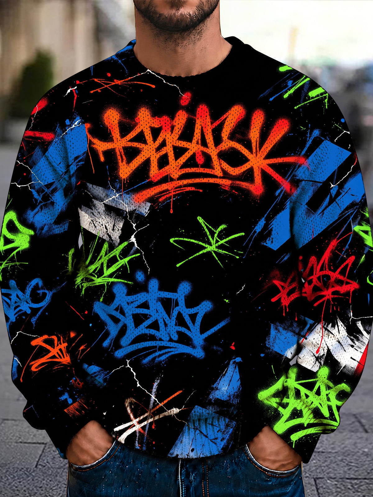 Oceanlyte Men's Graffiti Text And Splatters Print Long Sleeve Crew Neck Sweater