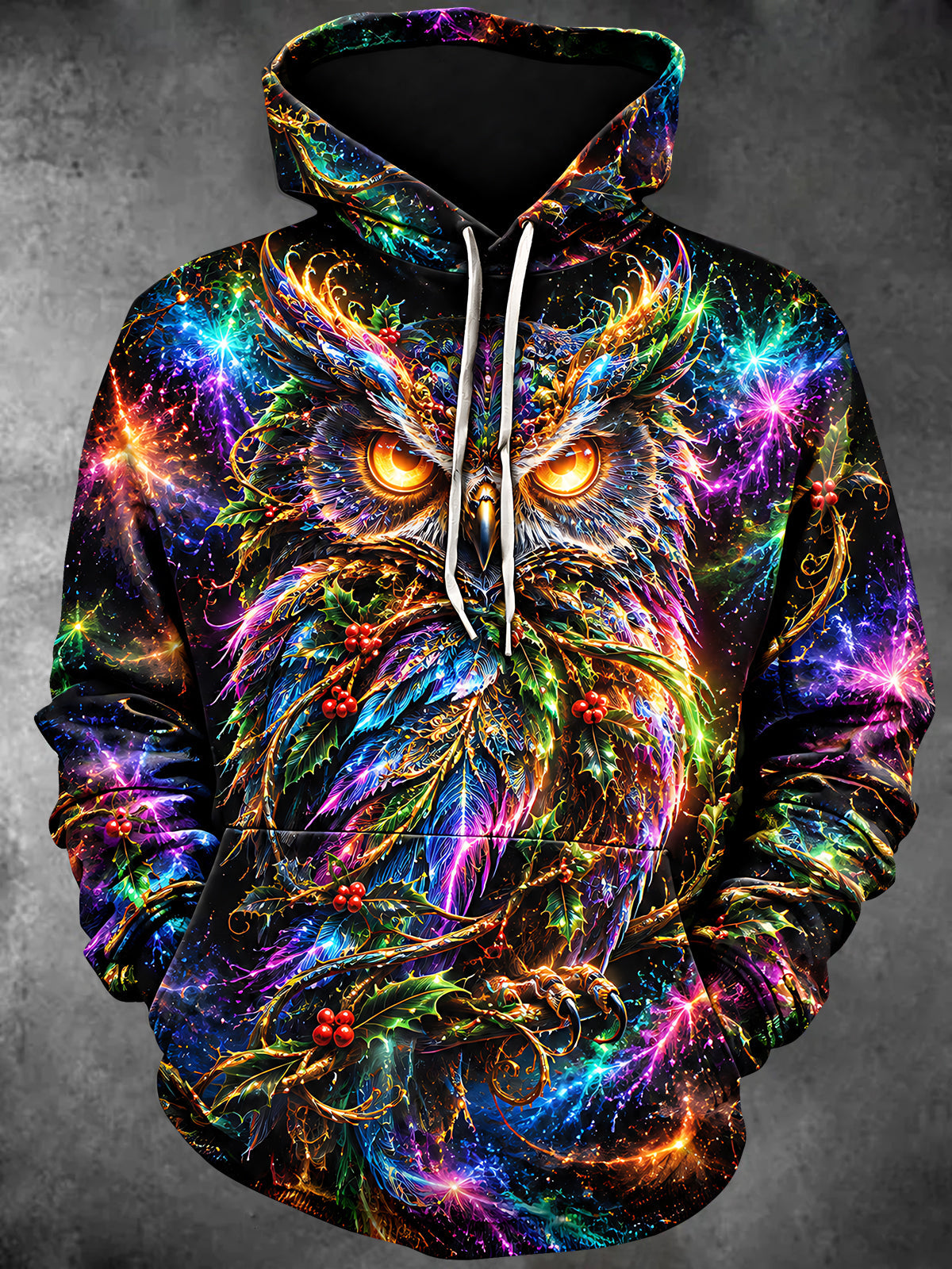 Oceanlyte Men's Printed Neon Galaxy Owl Print Long Sleeve Hoodie with Chest Pocket