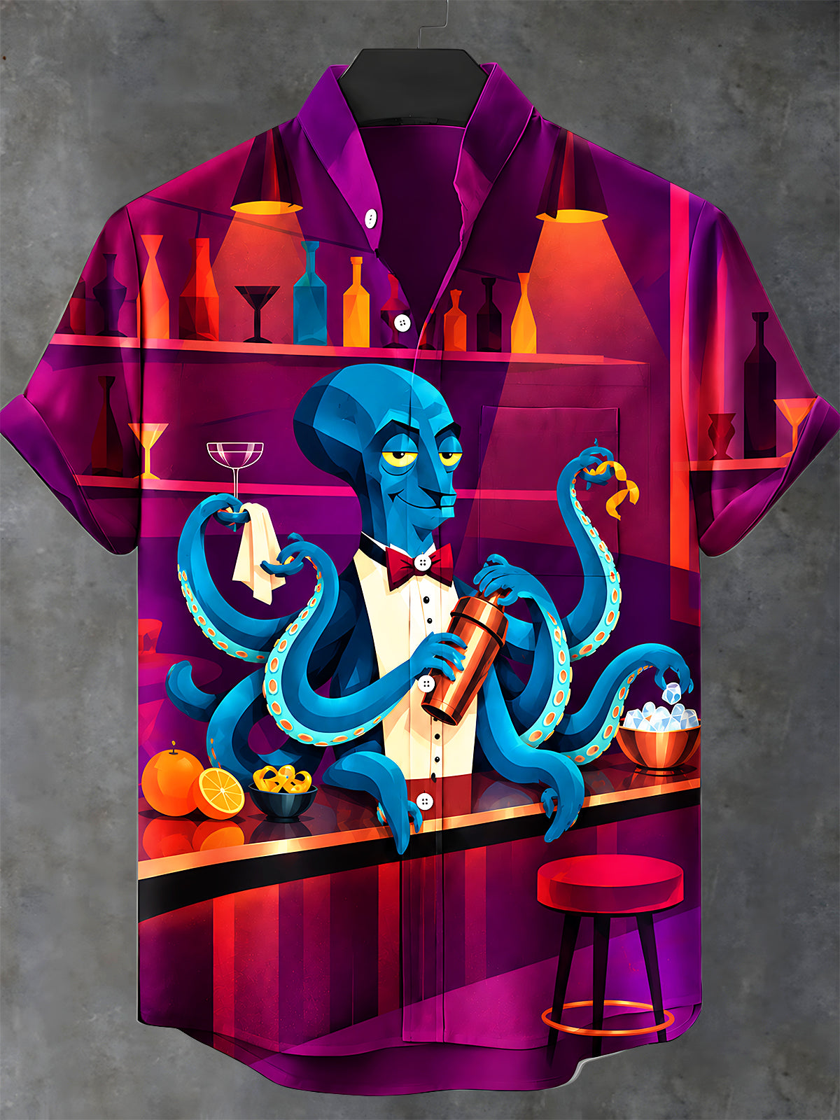 Oceanlyte Men's Graphic Octopus Bartender Print Short Sleeve Stand Collar Shirt with Chest Pocket