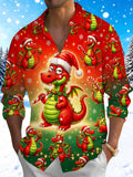 Oceanlyte Men's Long Sleeve Shirt - Cartoon Dragon With Santa Hat And Christmas Ornaments Print with Chest Pocket