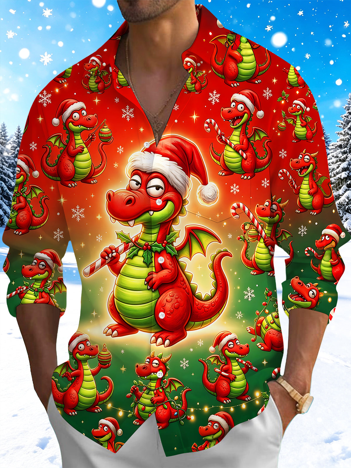 Oceanlyte Men's Long Sleeve Shirt - Cartoon Dragon With Santa Hat And Christmas Ornaments Print with Chest Pocket
