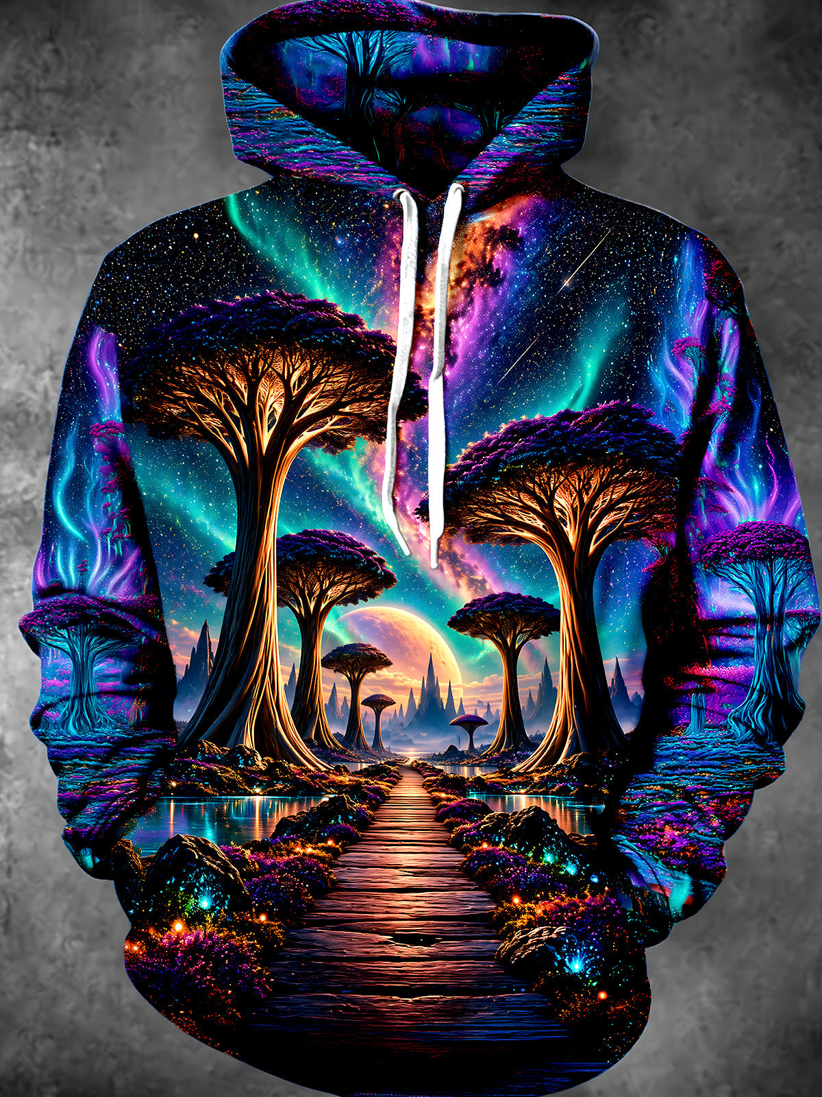 Oceanlyte Men's Long Sleeve Hoodie - Psychedelic Fantasy Landscape With Trees And Galaxy Sky Print