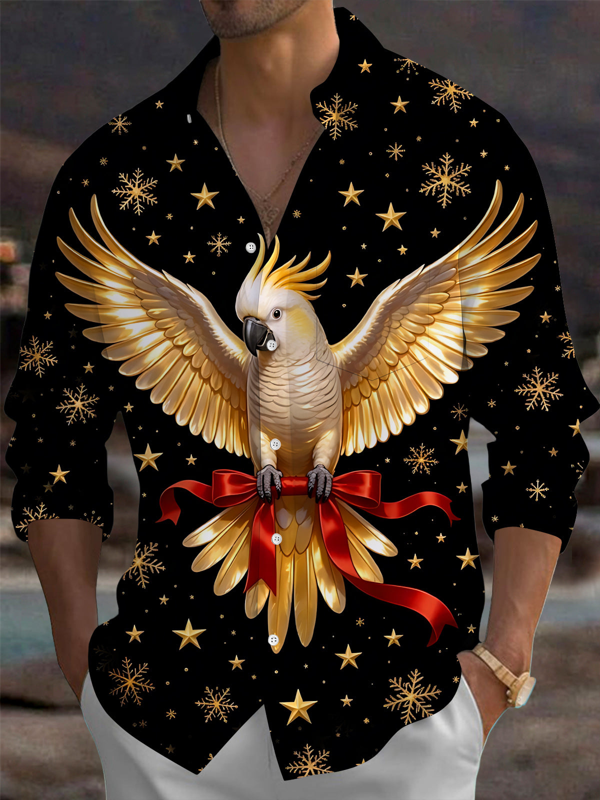 Oceanlyte Men's Christmas Golden Parrot With Red Ribbon Print Long Sleeve Shirt with Chest Pocket