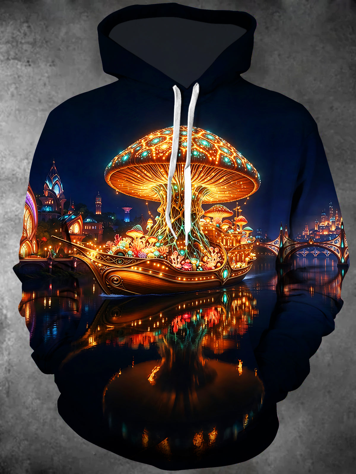 Oceanlyte Men's Long Sleeve Hoodie - Glowing Mushroom Fantasy City Boat Cruise Ship Print