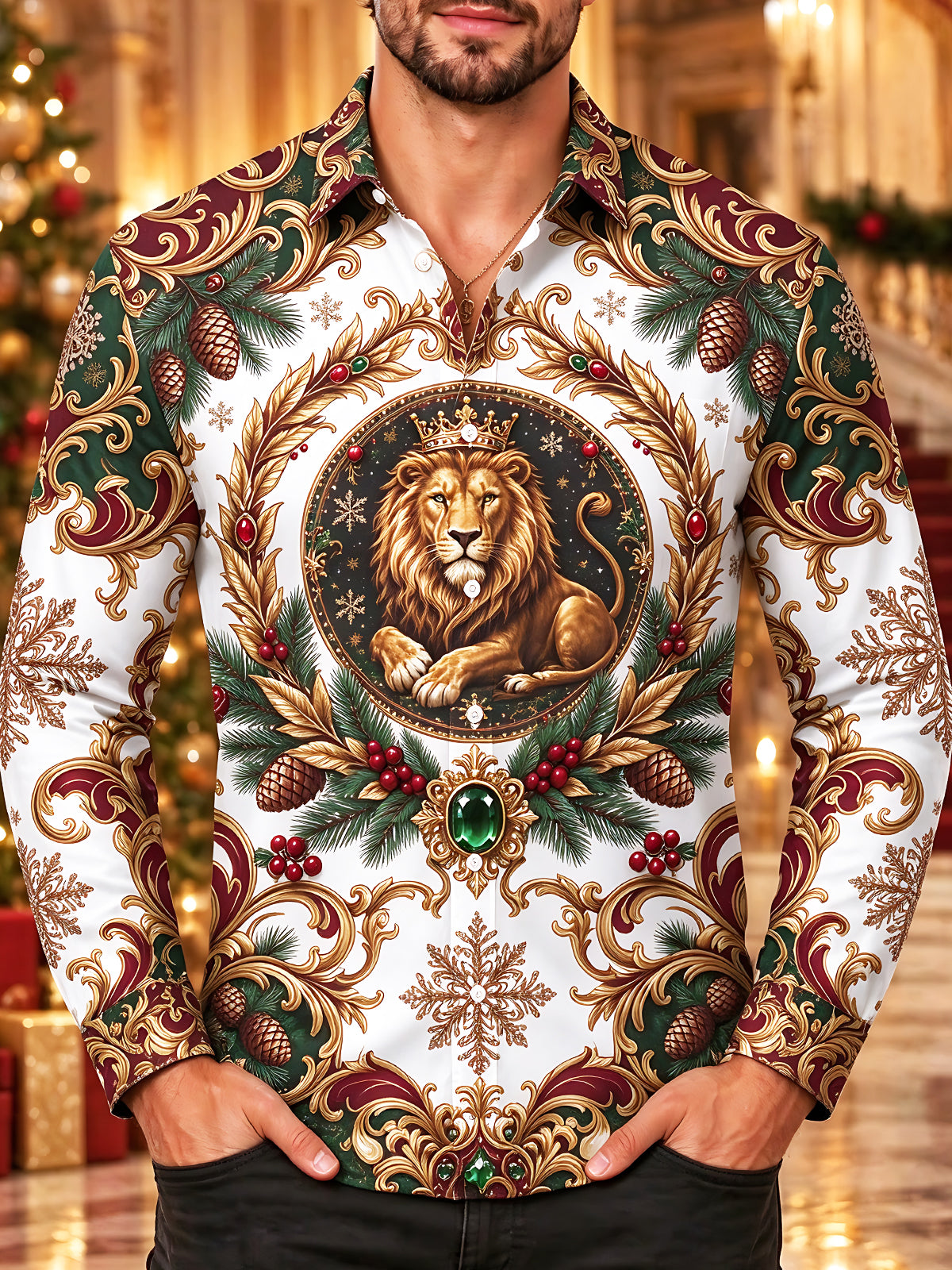 Oceanlyte Men's Crowned Lion And Christmas Wreath Print Long Sleeve Shirt with Chest Pocket