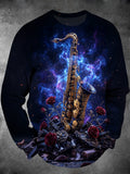Oceanlyte Men's Long Sleeve Hoodie - Saxophone And Red Roses Against Starry Sky Print
