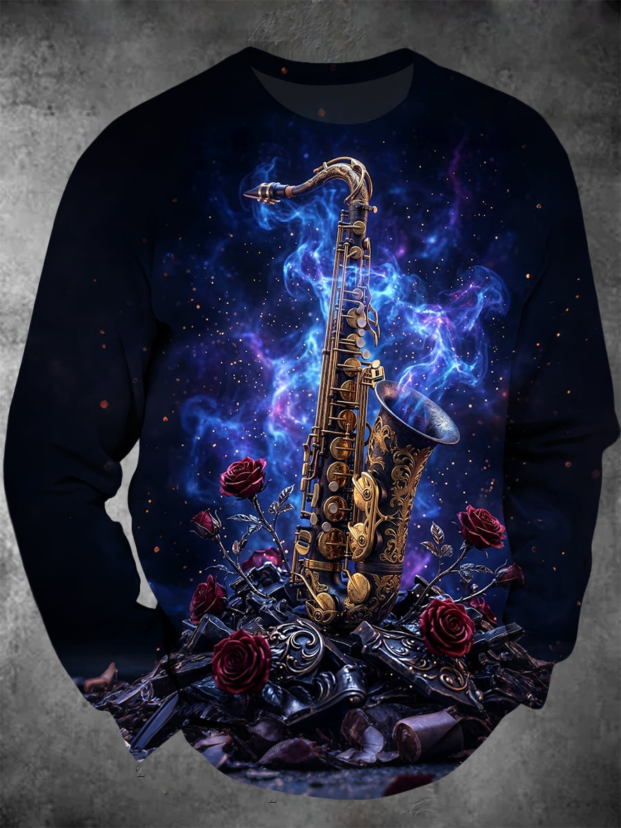 Oceanlyte Men's Long Sleeve Hoodie - Saxophone And Red Roses Against Starry Sky Print
