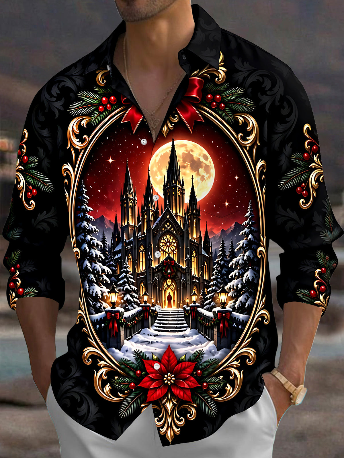 Oceanlyte Men's Long Sleeve Shirt - Christmas Gothic Castle And Snowy Pine Trees Under Full Moon Print with Chest Pocket