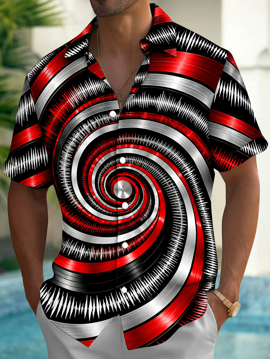 Oceanlyte Men's Abstract Sound Wave Spiral Pattern Short Sleeve Shirt with Chest Pocket