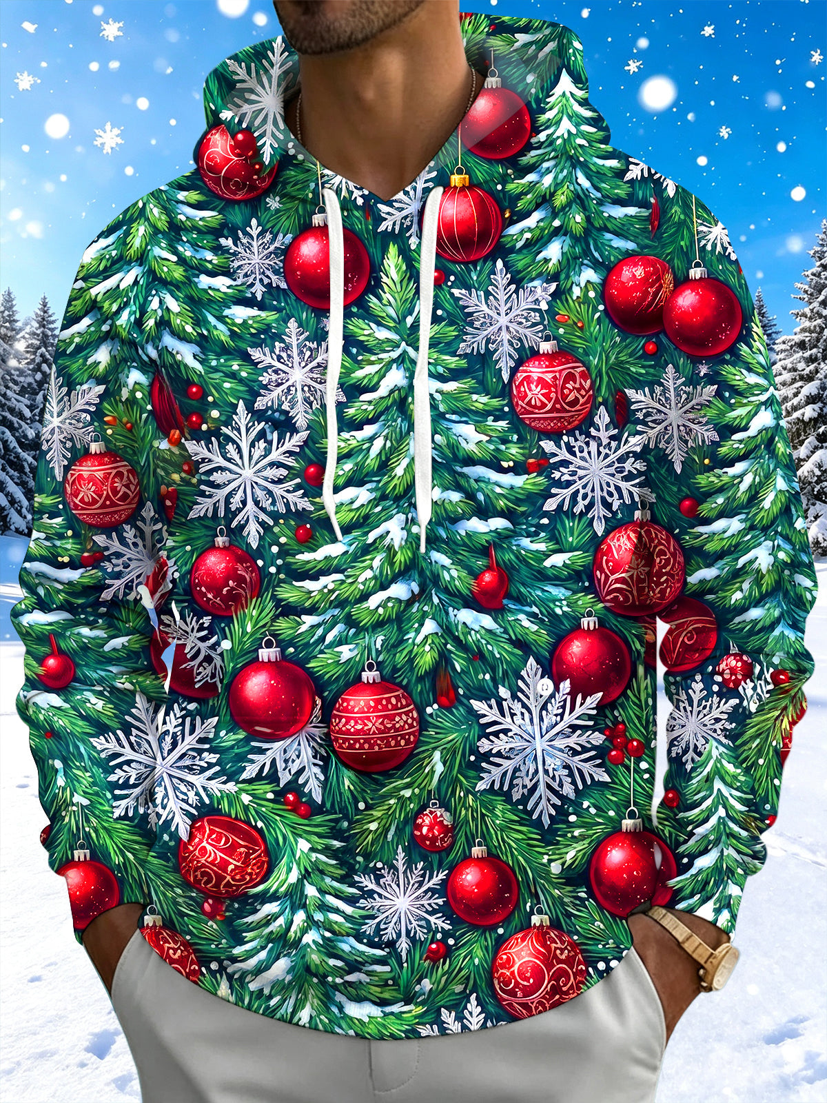 Oceanlyte Men's Christmas Pine Branches And Ornaments Print Long Sleeve Hoodie