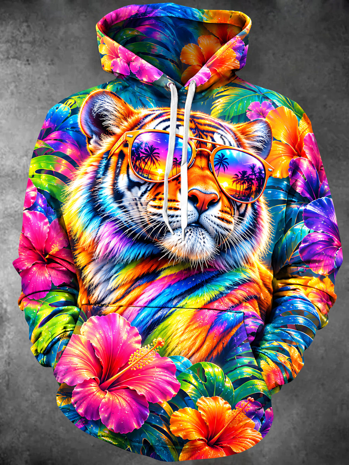 Oceanlyte Men's Long Sleeve Hoodie - Colorful Tiger With Sunglasses And Tropical Flowers Print