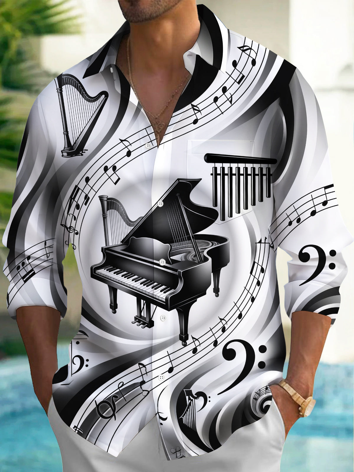 Oceanlyte Men's Graphic Piano Harp Music Note Pattern Long Sleeve Shirt with Chest Pocket