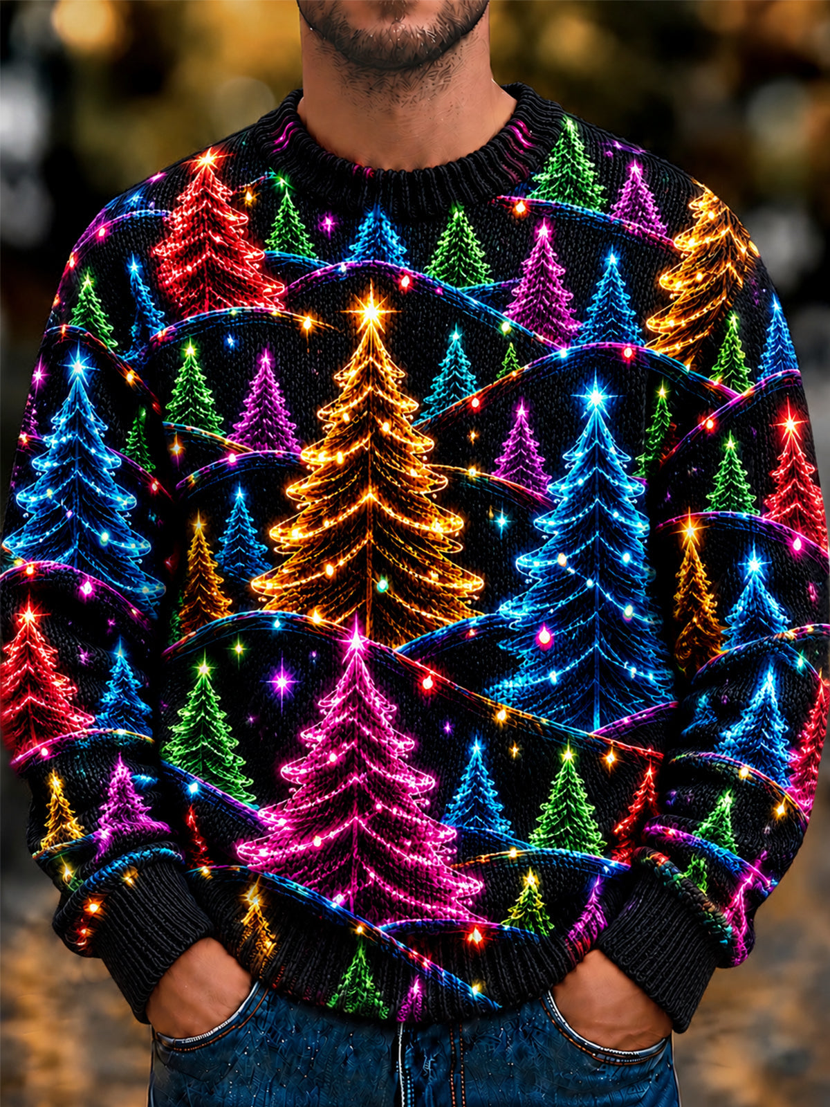 Oceanlyte Men's Neon Christmas Trees And Lights Print Long Sleeve Sweater