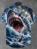 Oceanlyte Men's Short Sleeve Stand Collar Shirt - Giant Shark And Surfer In Ocean Waves Print with Chest Pocket