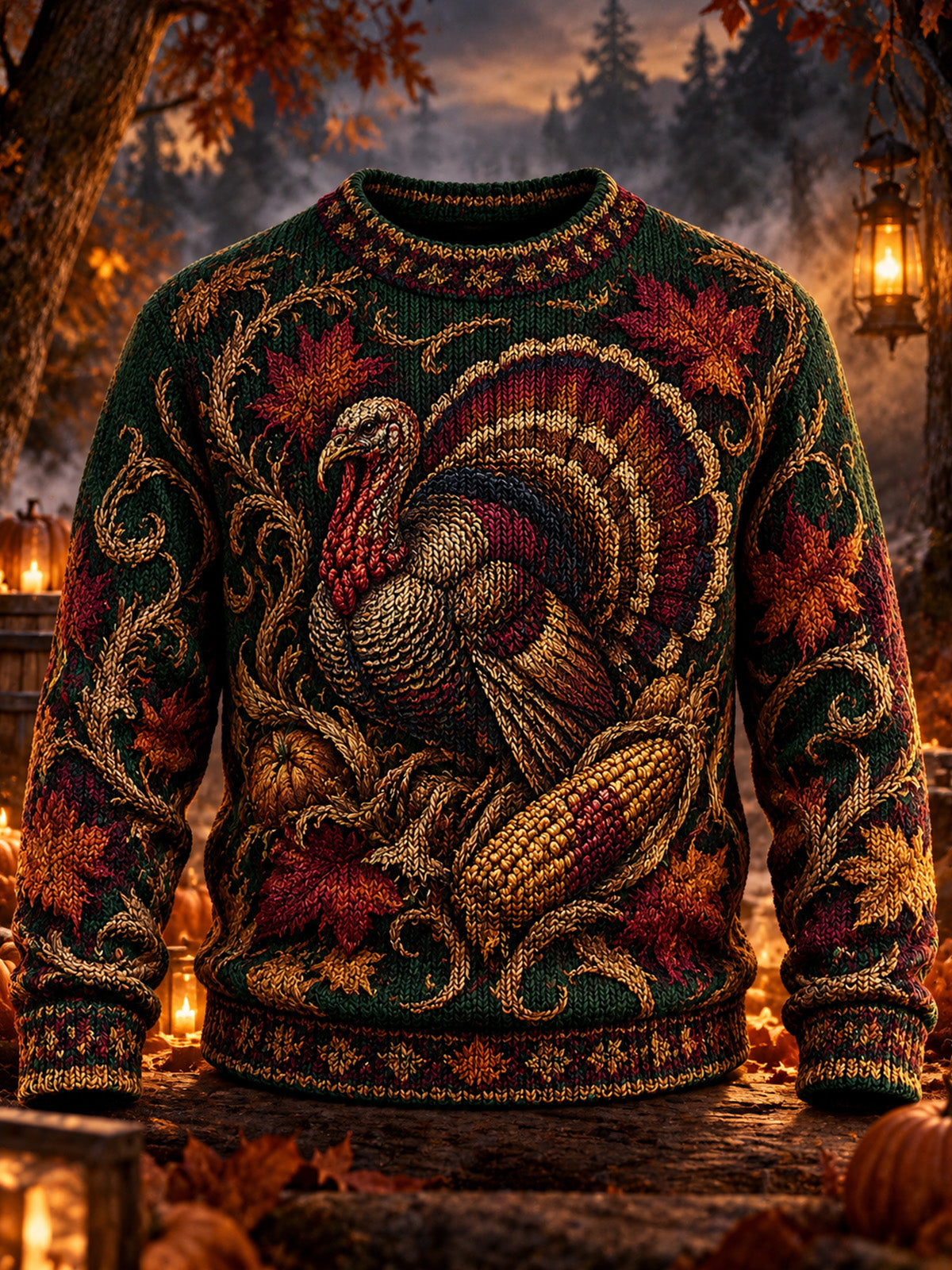 Oceanlyte Men's Long Sleeve Crew Neck Sweater - Thanksgiving Turkey And Harvest Produce Print