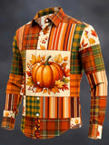 Oceanlyte Men's Autumn Pumpkin And Autumn Leaves Print Long Sleeve Shirt with Chest Pocket