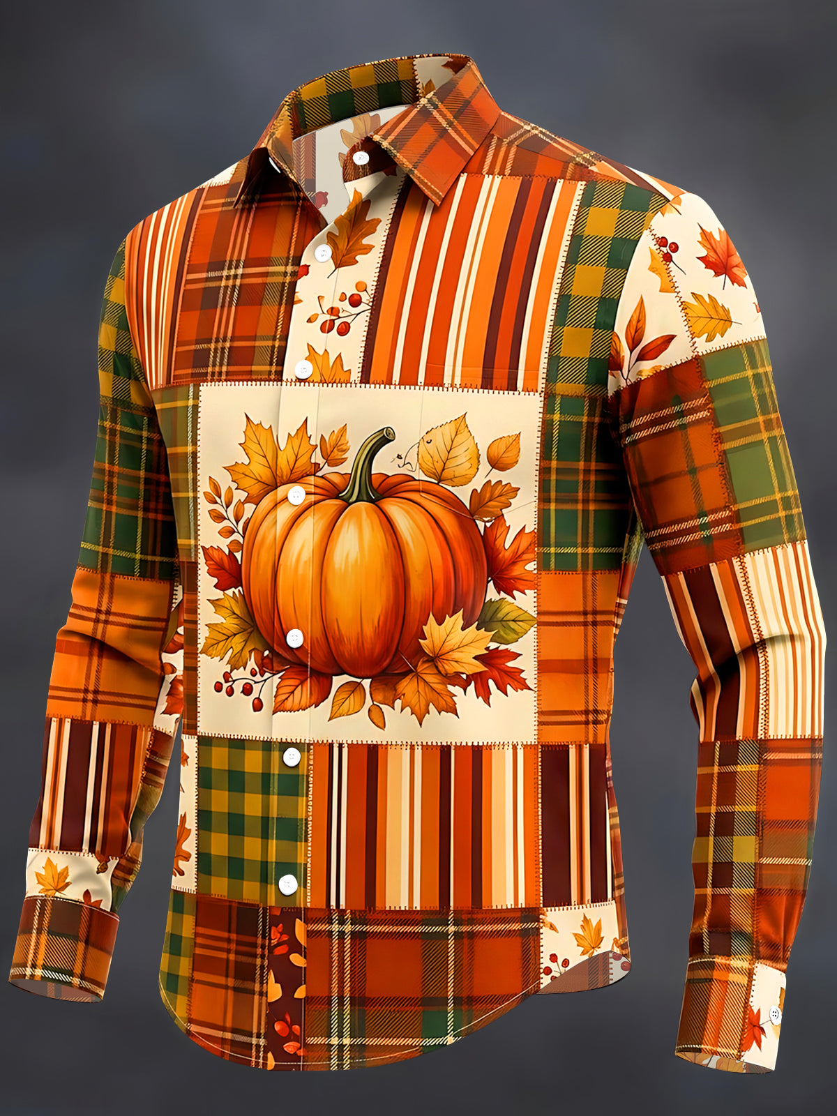 Oceanlyte Men's Autumn Pumpkin And Autumn Leaves Print Long Sleeve Shirt with Chest Pocket