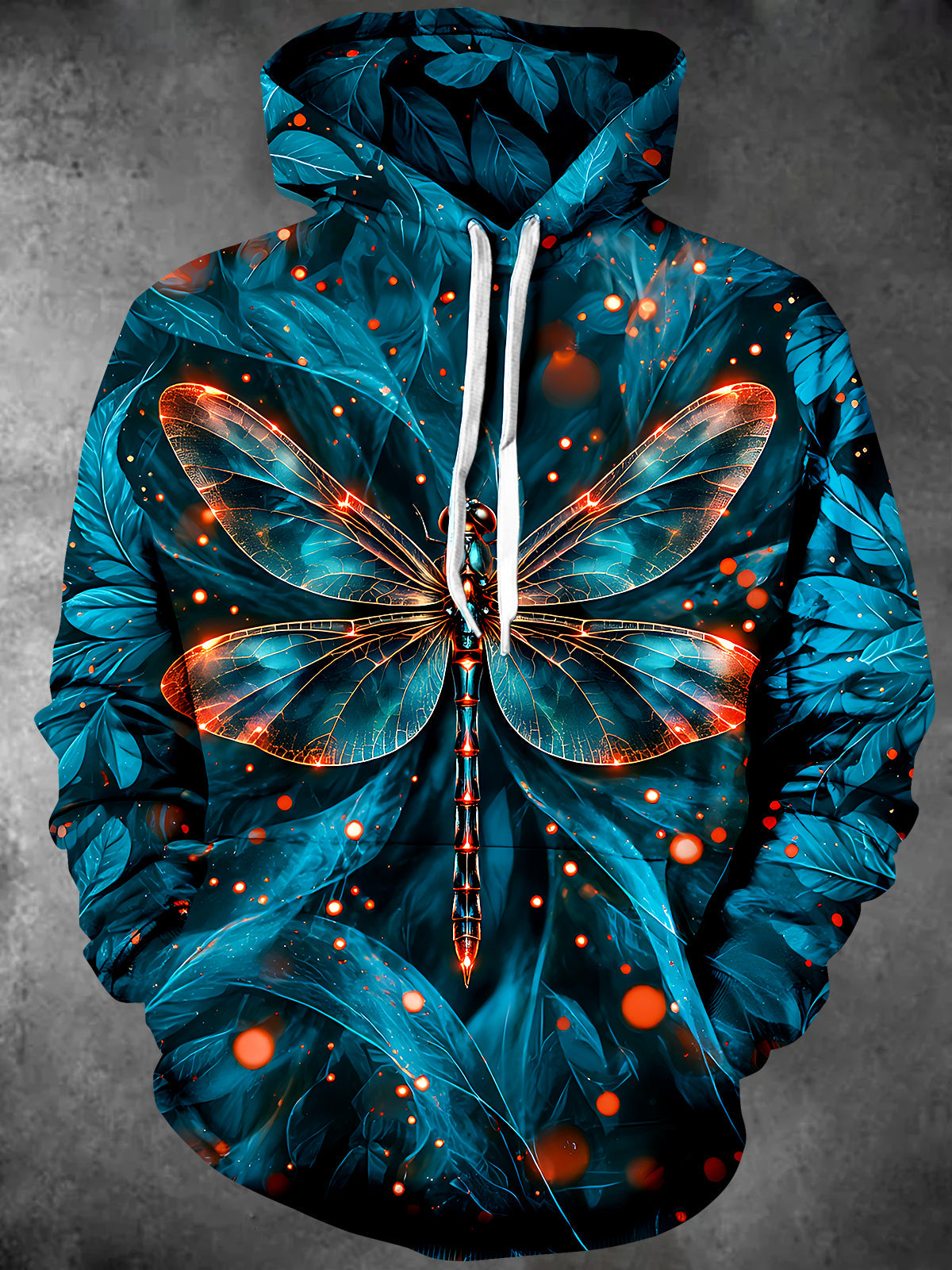 Oceanlyte Men's Graphic Glowing Dragonfly And Leaves Print Long Sleeve Hoodie