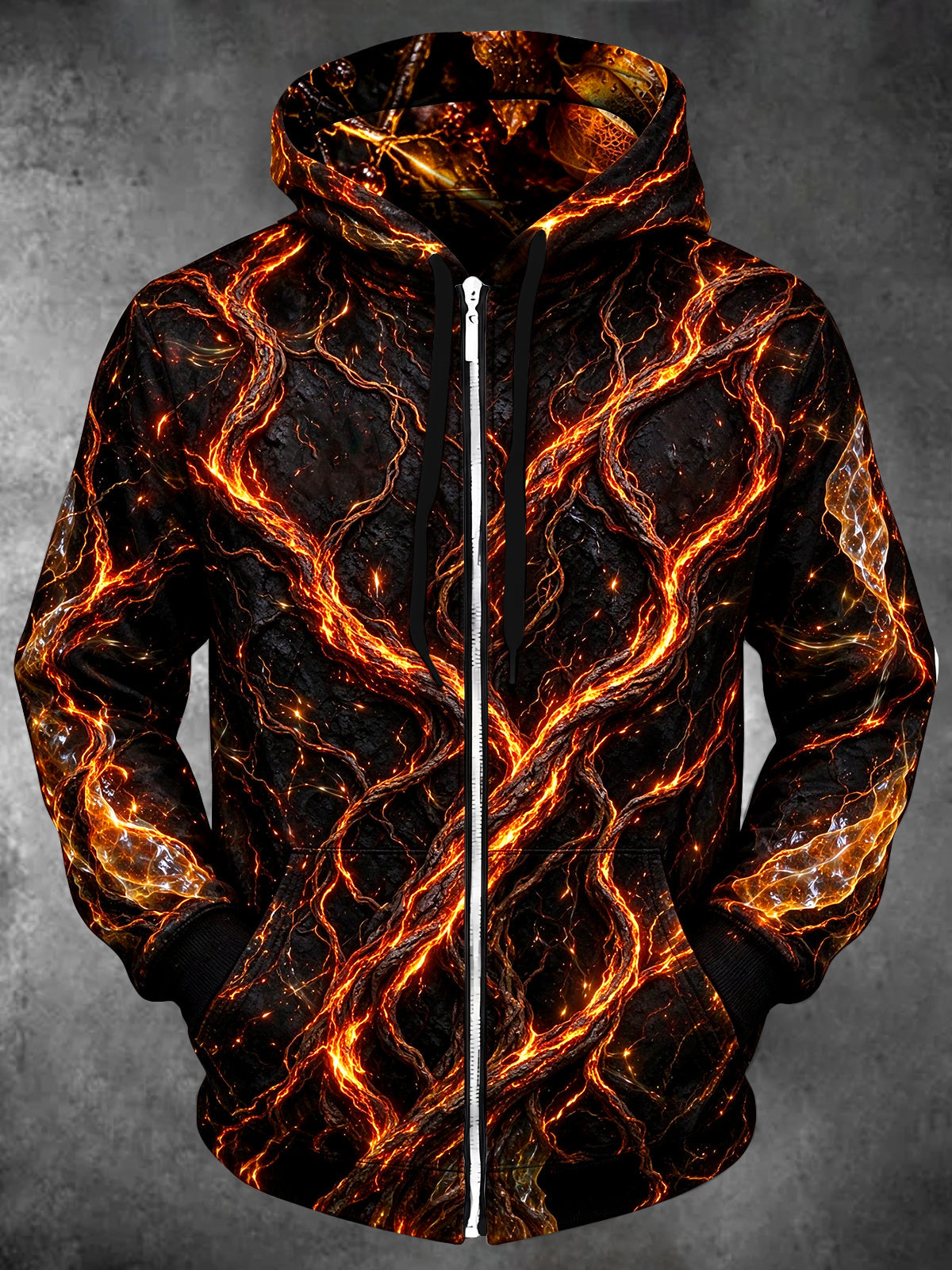 Oceanlyte Men's Lava Flow And Cracked Rock Print Long Sleeve Zip-Up Hoodie with Kangaroo Pocket