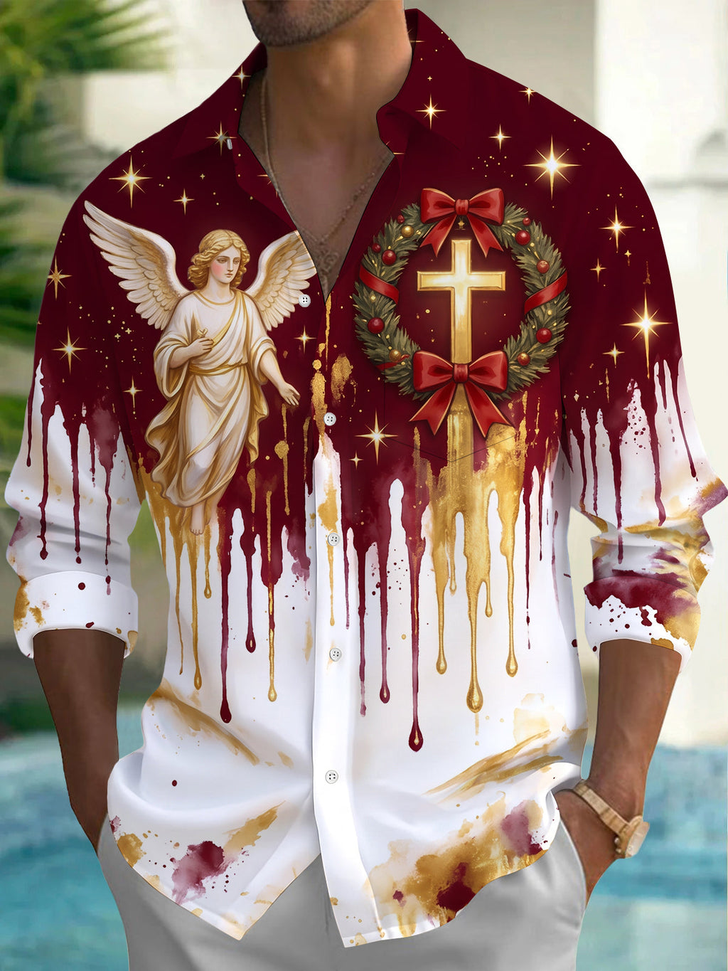 Oceanlyte Men's Angel And Christmas Wreath With Cross Print Long Sleeve Shirt with Chest Pocket