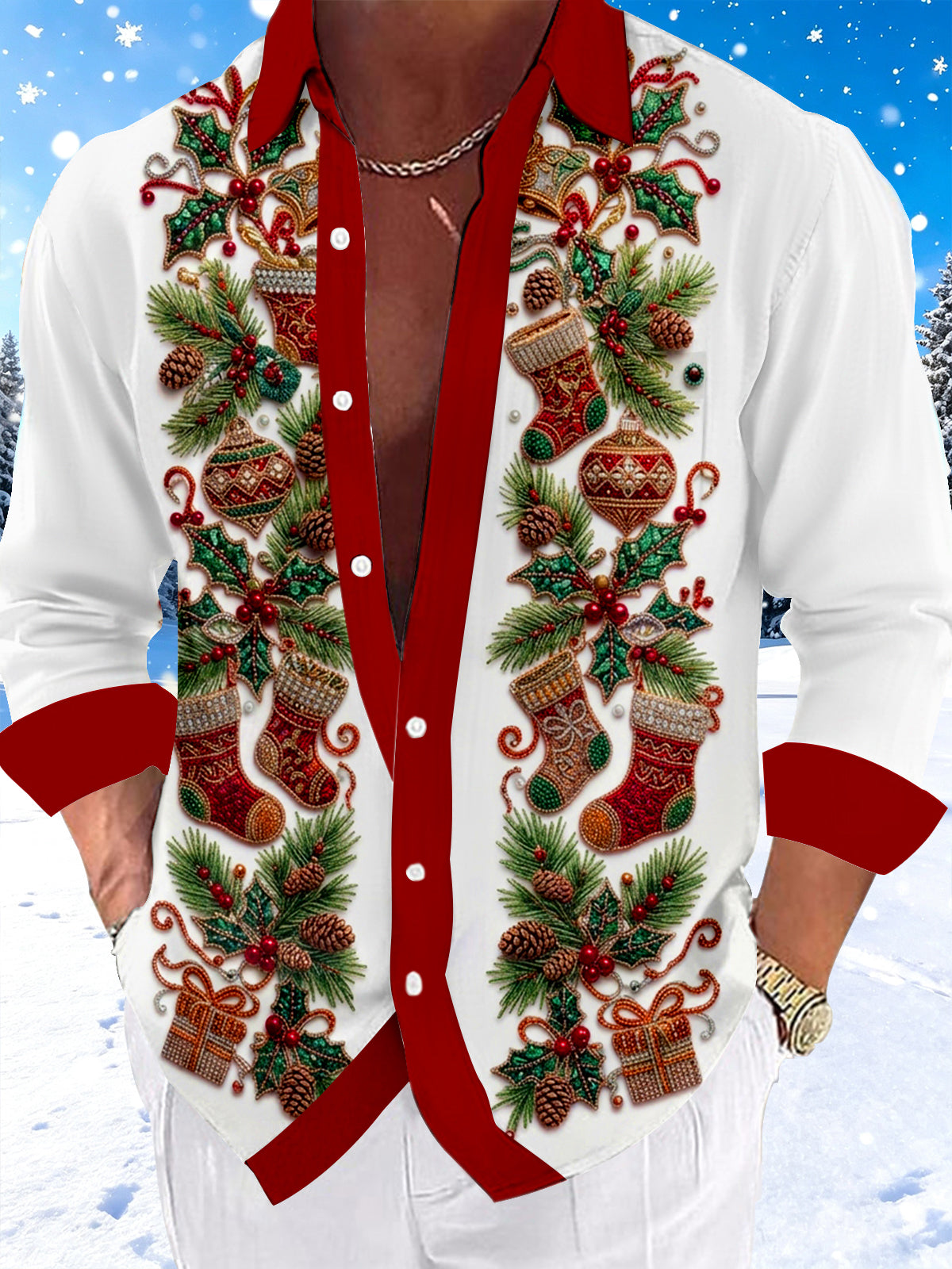 Oceanlyte Men's Christmas Stockings And Ornaments Print Long Sleeve Shirt with Chest Pocket