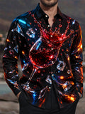 Oceanlyte Men's Red Wine Glass Splash With Ice Cubes Print Long Sleeve Shirt with Chest Pocket