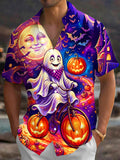 Oceanlyte Men's Short Sleeve Shirt - Halloween Ghost Riding Bicycle With Pumpkins Print with Chest Pocket