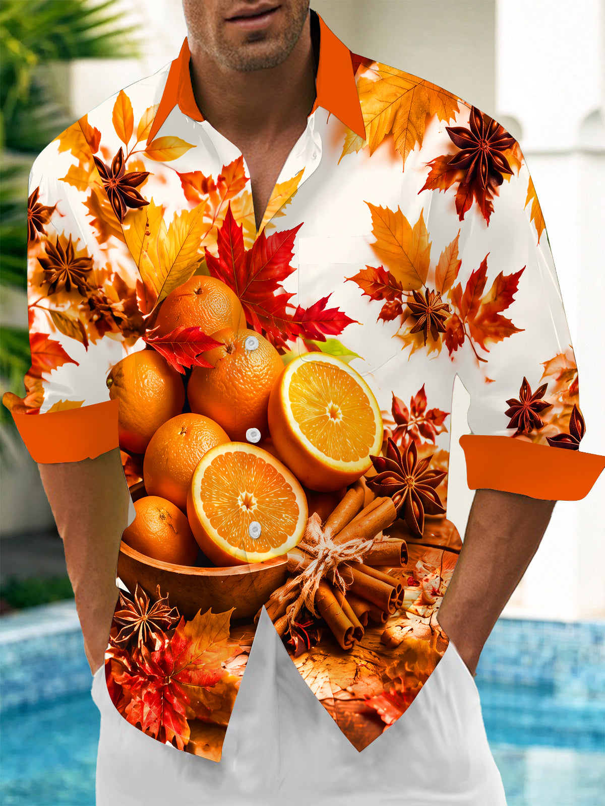 Oceanlyte Men's Printed Autumn Maple Leaves And Oranges Print Long Sleeve Shirt with Chest Pocket