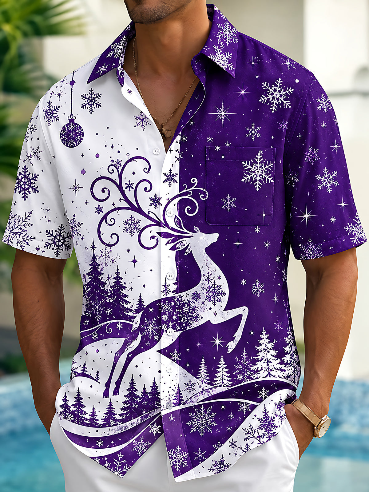 Oceanlyte Men's Printed Christmas Deer And Snowflakes Print Short Sleeve Shirt with Chest Pocket