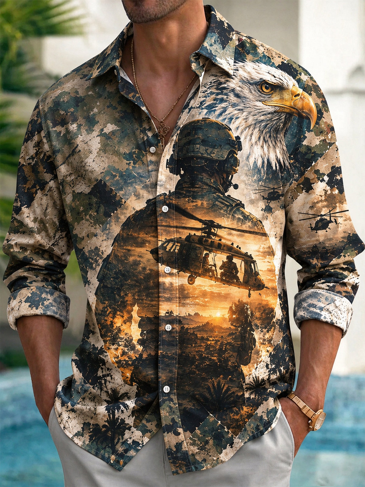 The "Ia Drang Valley" Oceanlyte Men's Long Sleeve Shirt - Military Soldier And Eagle With Helicopters Print with Chest Pocket