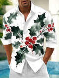 Oceanlyte Men's Christmas Holly Leaves And Red Berries Print Long Sleeve Shirt with Chest Pocket