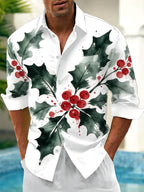 Oceanlyte Men's Christmas Holly Leaves And Red Berries Print Long Sleeve Shirt with Chest Pocket