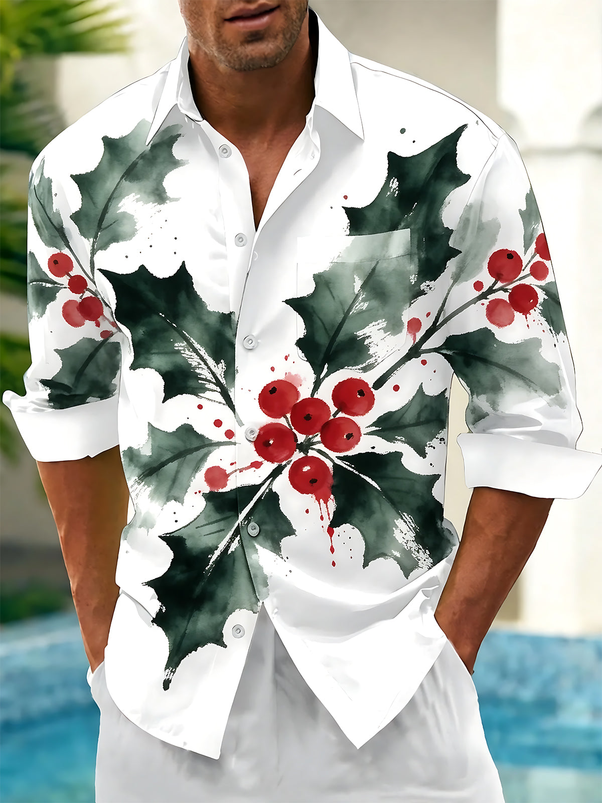 Oceanlyte Men's Christmas Holly Leaves And Red Berries Print Long Sleeve Shirt with Chest Pocket