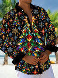 Oceanlyte Men's Geometric Christmas Trees And Snowflakes Print Long Sleeve Shirt with Chest Pocket