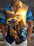 Oceanlyte Men's Vintage Car On Coastal Road Print Short Sleeve Shirt with Chest Pocket