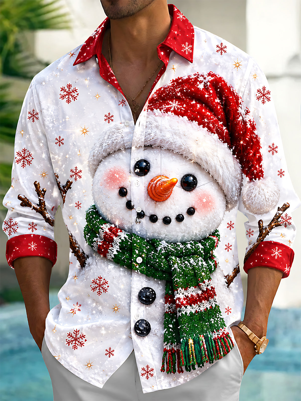 Oceanlyte Men's Graphic Snowman With Santa Hat And Scarf Print Long Sleeve Shirt with Chest Pocket