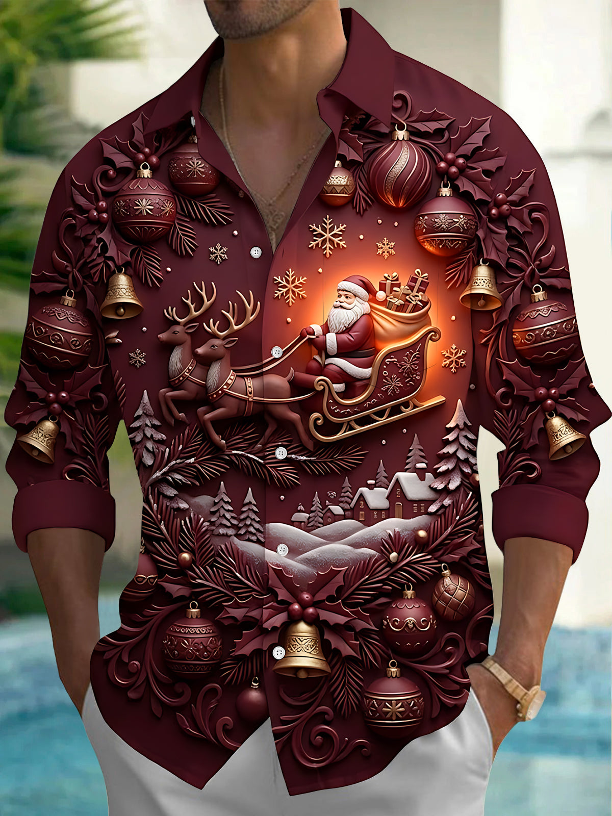 Oceanlyte Men's 3D Christmas Ornaments Print Long Sleeve Shirt with Chest Pocket