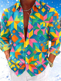 Oceanlyte Men's Printed Colorful Geometric Shapes Print Long Sleeve Shirt with Chest Pocket